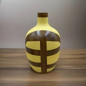 Modern Wood Vase with Yellow Geometric Mid-Century Modern Style Inspired Design